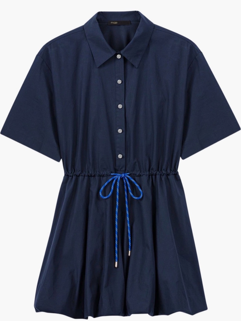 Maje Navy Blue Short Sleeve Mini Dress with Blue Drawstring